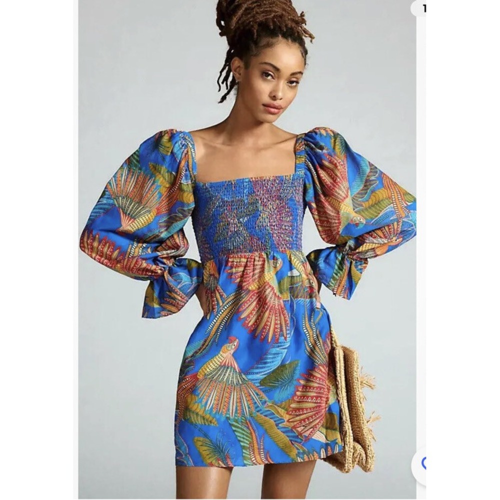 Farm Rio Macaw Flight Dress Smocked Mini Anthropologie Puff Sleeves L Large NEW